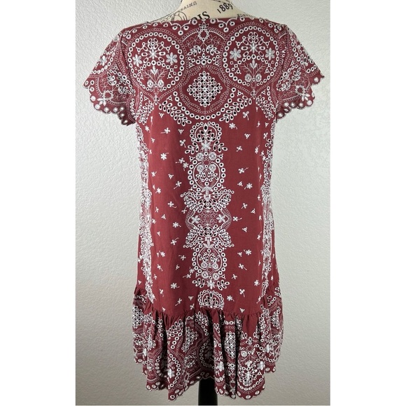 Anthropologie Feather Bone Maroon with Blue Embroidery Ruffle Dress, size Small - Picture 6 of 12